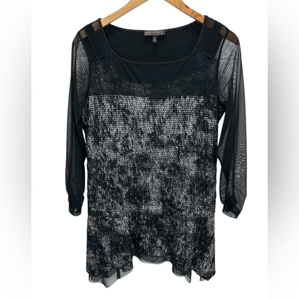 Piccadilly Chainmail Metallic Print Sheer Sleeve Whimsygoth Tunic Top Black Sz S